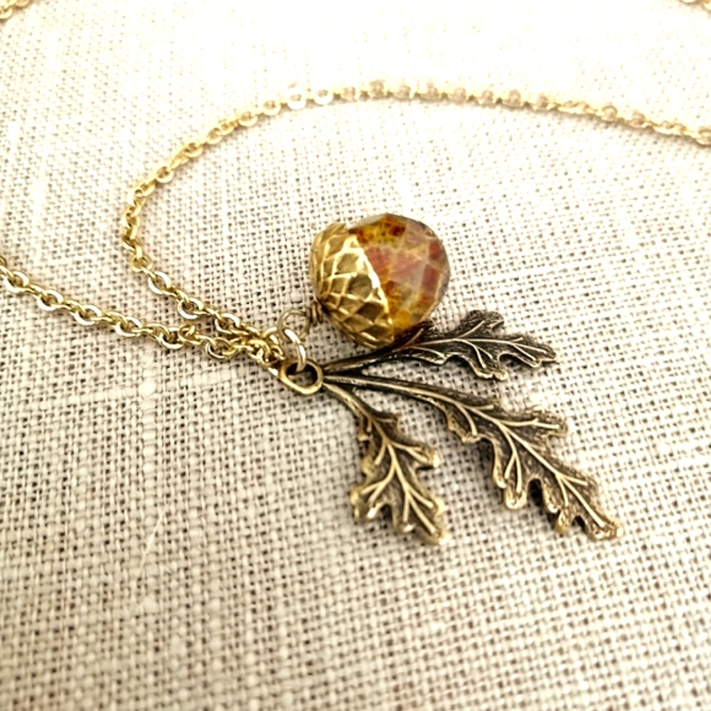 NEW Fall acorn pendant necklace boho vintage style Handmade antique gold leaf